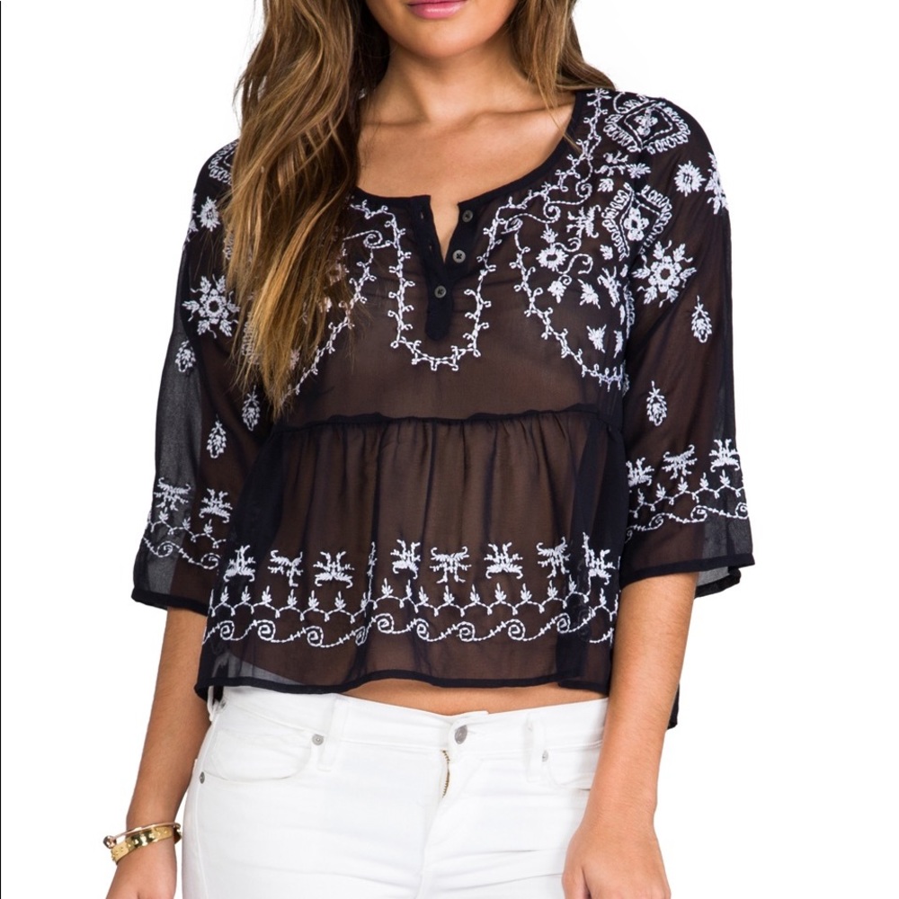 Free People Emroboidered Top in Navy XS